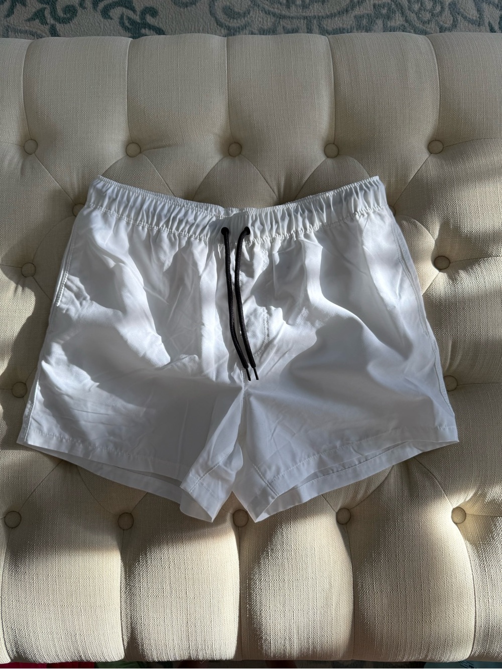 Men's White Elastic Waist Swim Shorts with Drawstring